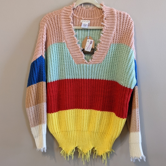 NWT Main Strip Distressed Striped Sweater Size Large - Picture 2 of 4